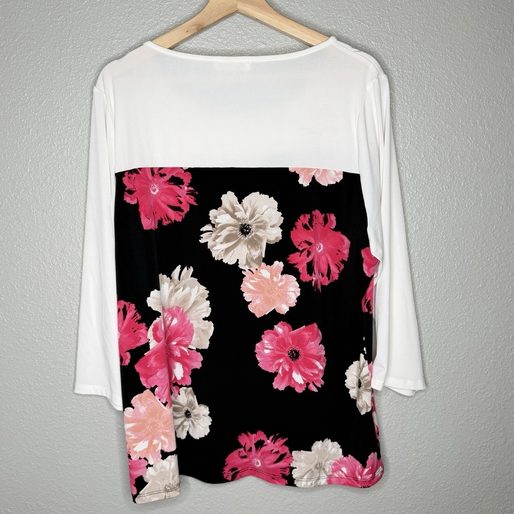 Calvin Klein Black Floral Top White Contrast Panels Gold Zip Stretch Blouse L‎ - Picture 2 of 10